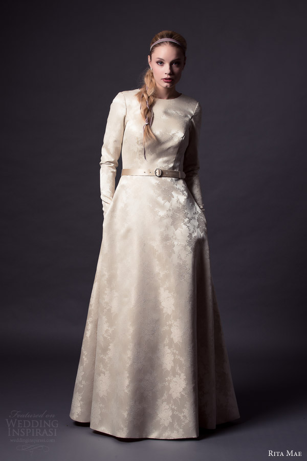 rita mae by alan hannah 2015 bridal long sleeve wedding dress pastel colored gown buttons front view 507