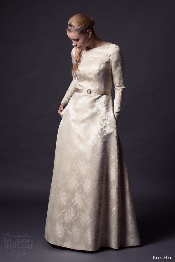 rita mae by alan hannah 2015 bridal long sleeve wedding dress pastel colored gown buttons front view pockets 507