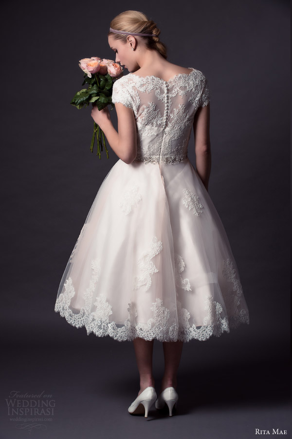 rita mae by alan hannah 2015 bridal short cap sleeve lace wedding dress tea length style 501 back view