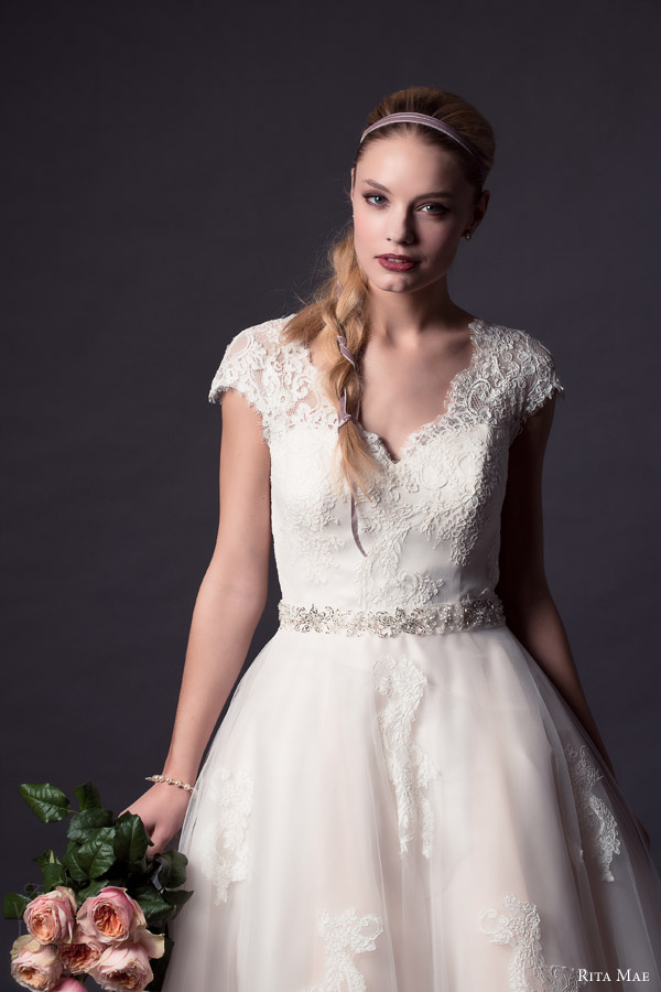 rita mae by alan hannah 2015 bridal short cap sleeve lace wedding dress tea length style 501 close up bodice