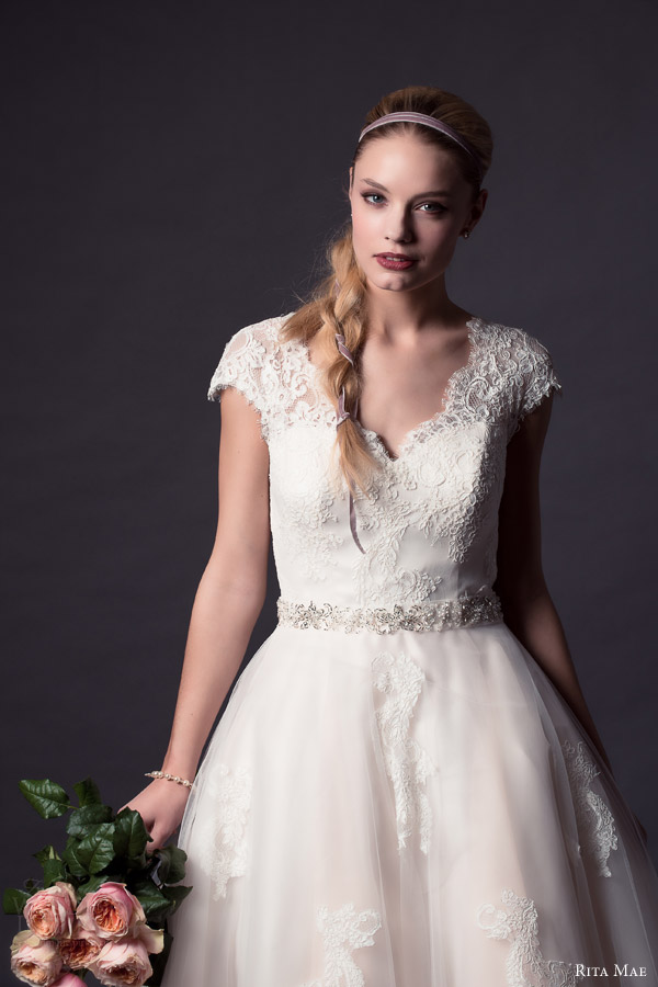 rita mae by alan hannah 2015 bridal short cap sleeve lace wedding dress tea length style 501 close up bodice rita mae by alan hannah 2015 bridal short cap sleeve lace wedding dress tea length style 501 close up bodice