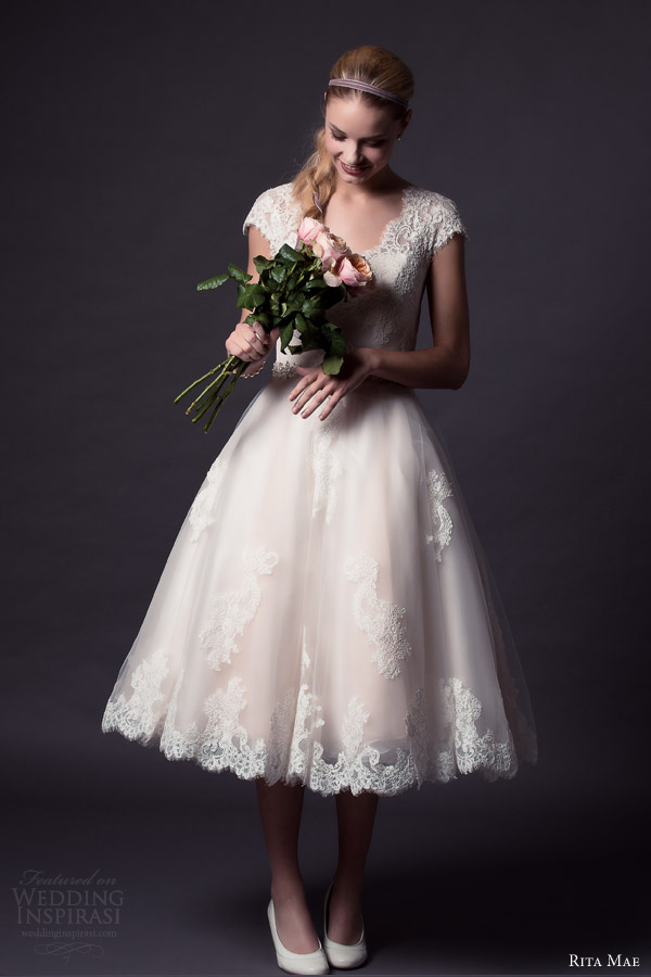 rita mae by alan hannah 2015 bridal short cap sleeve lace wedding dress tea length style 501 front view full rita mae by alan hannah 2015 bridal short cap sleeve lace wedding dress tea length style 501 front view full