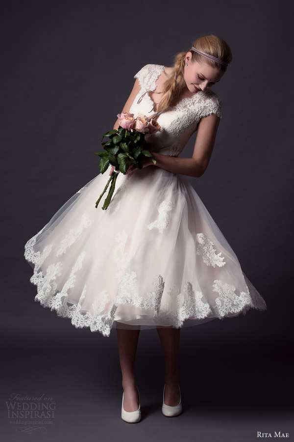 rita mae by alan hannah 2015 bridal short cap sleeve lace wedding dress tea length style 501