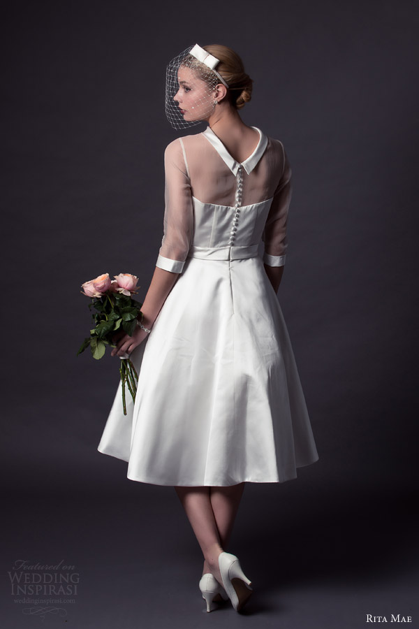 rita mae by alan hannah 2015 bridal tea length wedding dress three quarter illusion sleeves style 509 back view buttons