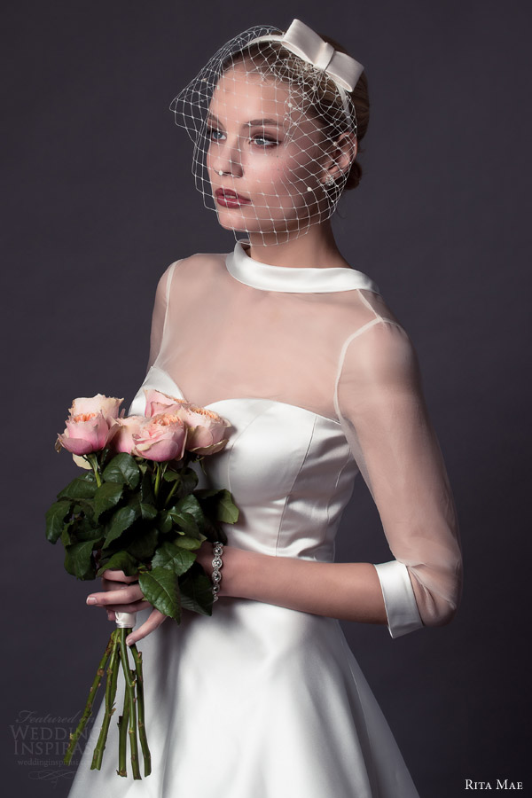 rita mae by alan hannah 2015 bridal tea length wedding dress three quarter illusion sleeves style 509 close up bodice