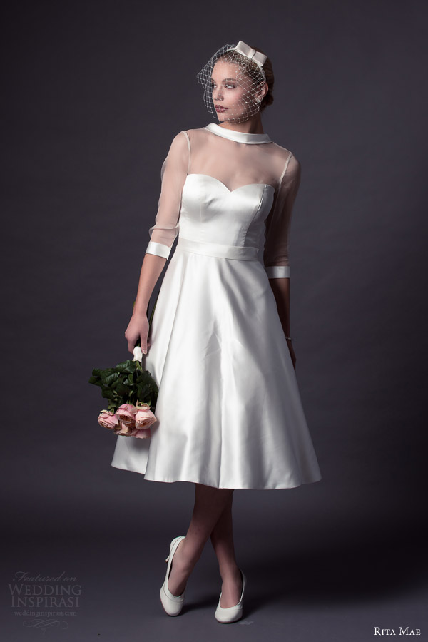 rita mae by alan hannah 2015 bridal tea length wedding dress three quarter illusion sleeves style 509 front view