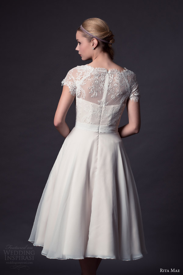 rita mae by alan hannah bridal 2015 tea length wedding dress lace short sleeve bodice style 510 back view close up