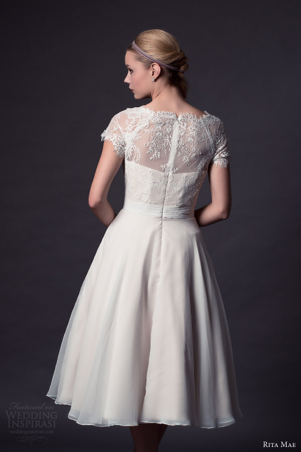 rita mae by alan hannah bridal 2015 tea length wedding dress lace short sleeve bodice style 510 back view close up rita mae by alan hannah bridal 2015 tea length wedding dress lace short sleeve bodice style 510 back view close up