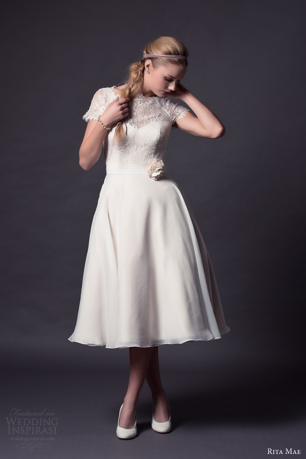 rita mae by alan hannah bridal 2015 tea length wedding dress lace short sleeve bodice style 510 front view rita mae by alan hannah bridal 2015 tea length wedding dress lace short sleeve bodice style 510 front view