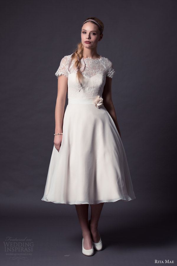 rita mae by alan hannah bridal 2015 tea length wedding dress lace short sleeve bodice style 510