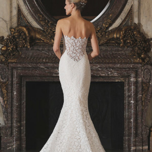 romona keveza spring 2016 luxe bridal rk6402 strapless wedding dress fluted shaped mermaid gown star flower lace back view train
