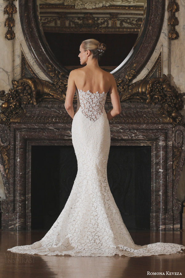 romona keveza spring 2016 luxe bridal rk6402 strapless wedding dress fluted shaped mermaid gown star flower lace back view train romona keveza spring 2016 luxe bridal rk6402 strapless wedding dress fluted shaped mermaid gown star flower lace back view train