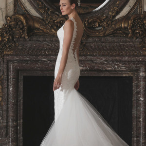 romona keveza spring 2016 luxe bridal rk6404 sleeveless deep v neck sheath wedding dress doves of peace lace italian net train side