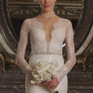 romona keveza spring 2016 luxe bridal rk6405 long sleeve v neck sheath wedding dress beaded chantilly lace swarovski belt illusion close up