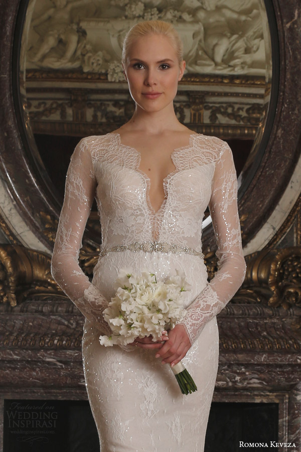 romona keveza spring 2016 luxe bridal rk6405 long sleeve v neck sheath wedding dress beaded chantilly lace swarovski belt illusion close up