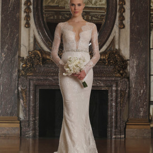 romona keveza spring 2016 luxe bridal rk6405 long sleeve v neck sheath wedding dress beaded chantilly lace swarovski belt illusion open back
