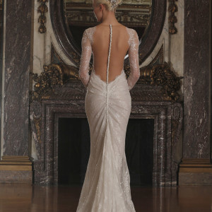 romona keveza spring 2016 luxe bridal rk6405 long sleeve v neck sheath wedding dress beaded chantilly lace swarovski belt illusion open back train