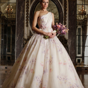 romona keveza spring 2016 luxe bridal rk6407 one shoulder ball gown wedding dress italian silk organza soft pastel viola print enamel floral brooch