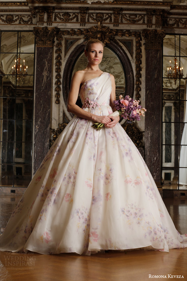 romona keveza spring 2016 luxe bridal rk6407 one shoulder ball gown wedding dress italian silk organza soft pastel viola print enamel floral brooch