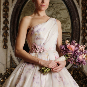 romona keveza spring 2016 luxe bridal rk6407 one shoulder ball gown wedding dress italian silk organza soft pastel viola print italian enamel floral brooch close up