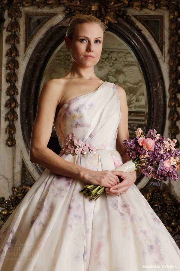 romona keveza spring 2016 luxe bridal rk6407 one shoulder ball gown wedding dress italian silk organza soft pastel viola print italian enamel floral brooch close up romona keveza spring 2016 luxe bridal rk6407 one shoulder ball gown wedding dress italian silk organza soft pastel viola print italian enamel floral brooch close up