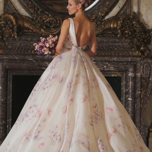 romona keveza spring 2016 luxe bridal rk6407 one shoulder ball gown wedding dress italian silk organza soft pastel viola print italian enamel floral brooch side