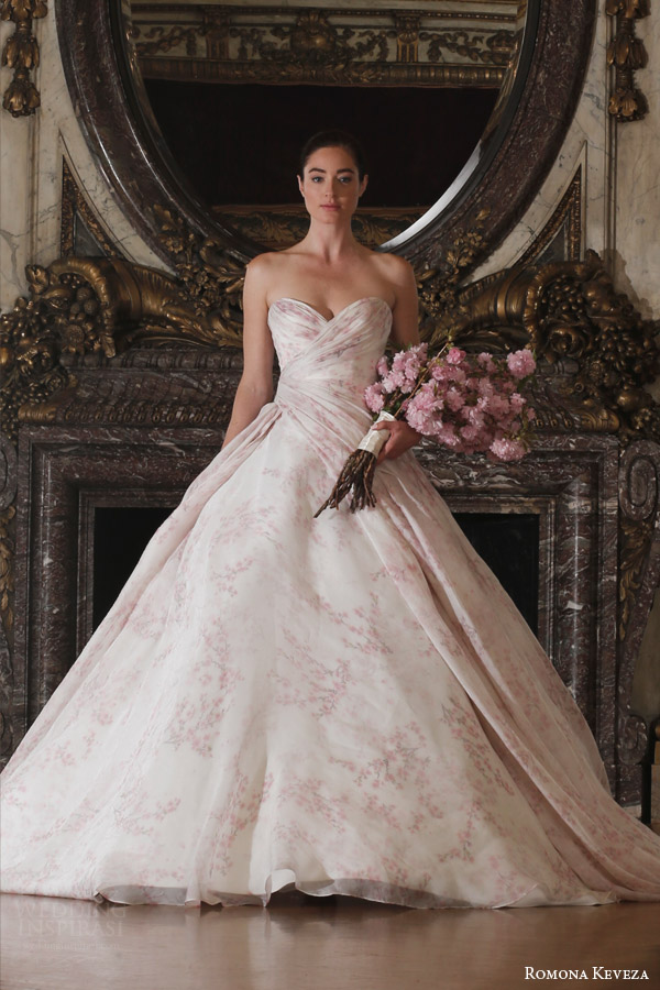 romona keveza spring 2016 luxe bridal rk6408 strapless ball gown wedding dress italian silk organza blush cherry blossom print