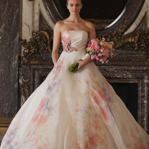 romona keveza spring 2016 luxe bridal rk6409 strapless ball gown italian silk organza soft floral watercolor print enamel floral brooch