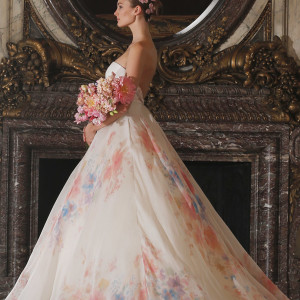 romona keveza spring 2016 luxe bridal rk6409 strapless ball gown italian silk organza soft floral watercolor print enamel floral brooch side