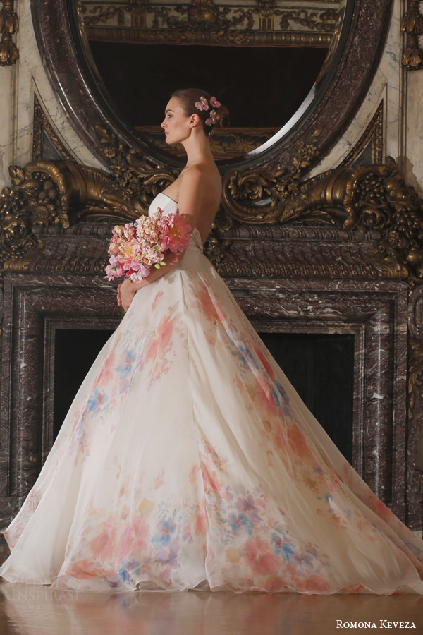 romona keveza spring 2016 luxe bridal rk6409 strapless ball gown italian silk organza soft floral watercolor print enamel floral brooch side