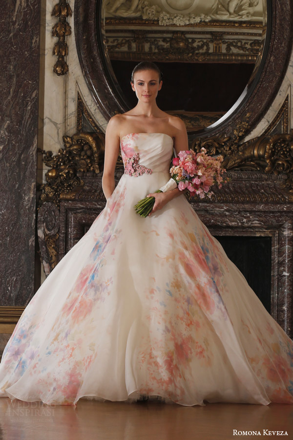 romona keveza spring 2016 luxe bridal rk6409 strapless ball gown italian silk organza soft floral watercolor print enamel floral brooch
