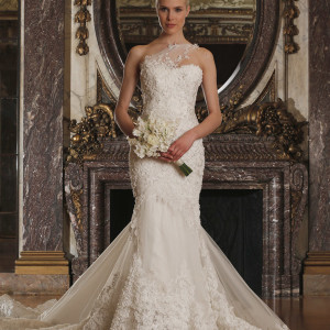 romona keveza spring 2016 luxe bridal rk6410 one shoulder mermaid wedding dress detachable train french net reembroidered ribbon lace swarovski crystals