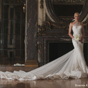 romona keveza spring 2016 luxe bridal rk6410 one shoulder mermaid wedding dress detachable train french net reembroidered ribbon lace swarovski crystals dramatic train