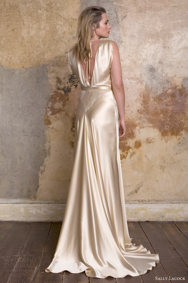 sally lacock 2015 bridal madeleine wedding dress vintage hollywood style silk antique gold back view train