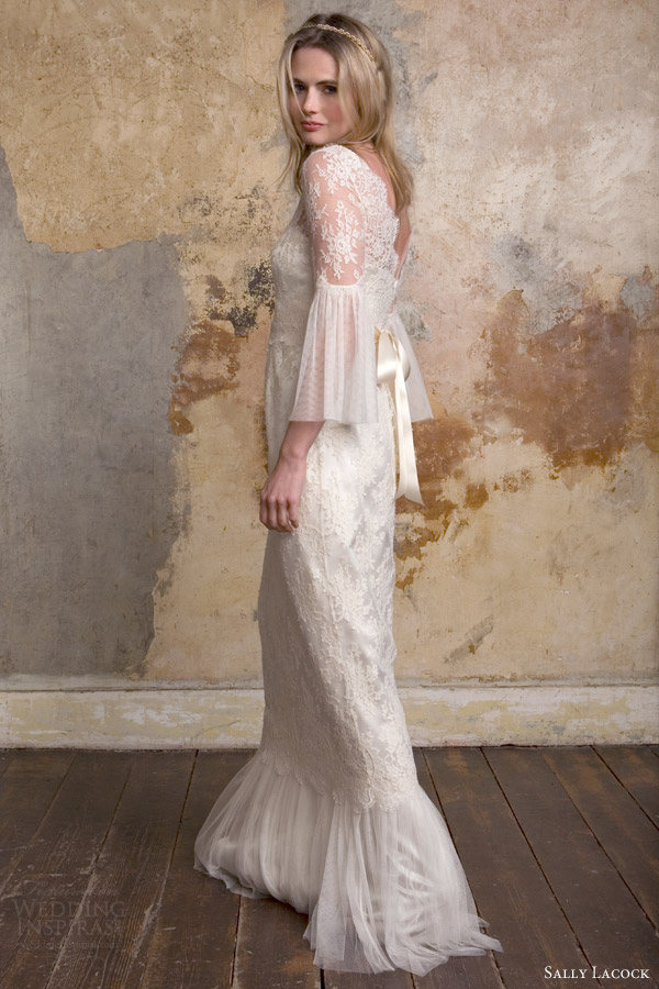 sally lacock bridal 2015 honor lace wedding dress long bell sleeves side back view