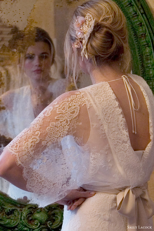 sally lacock bridal 2015 jasmine kimono style lace wedding dress back view close up