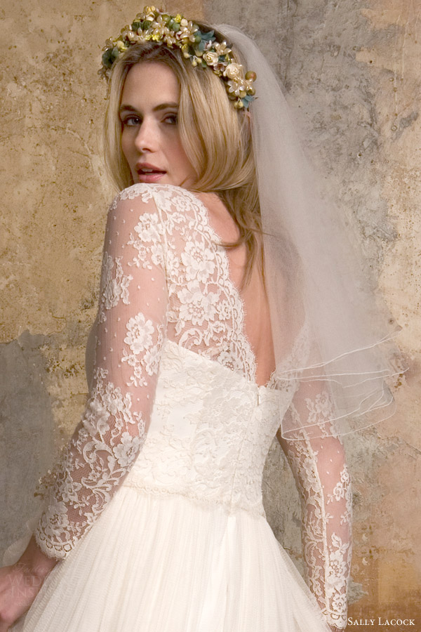 sally lacock bridal 2015 sylvie 1950s vintage style wedding dress illusion neckline long sleeves back close up view