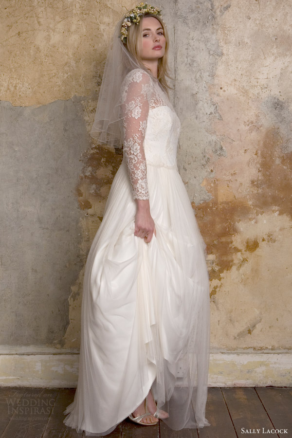 sally lacock bridal 2015 sylvie 1950s vintage style wedding dress illusion neckline long sleeves side view tulle skirt