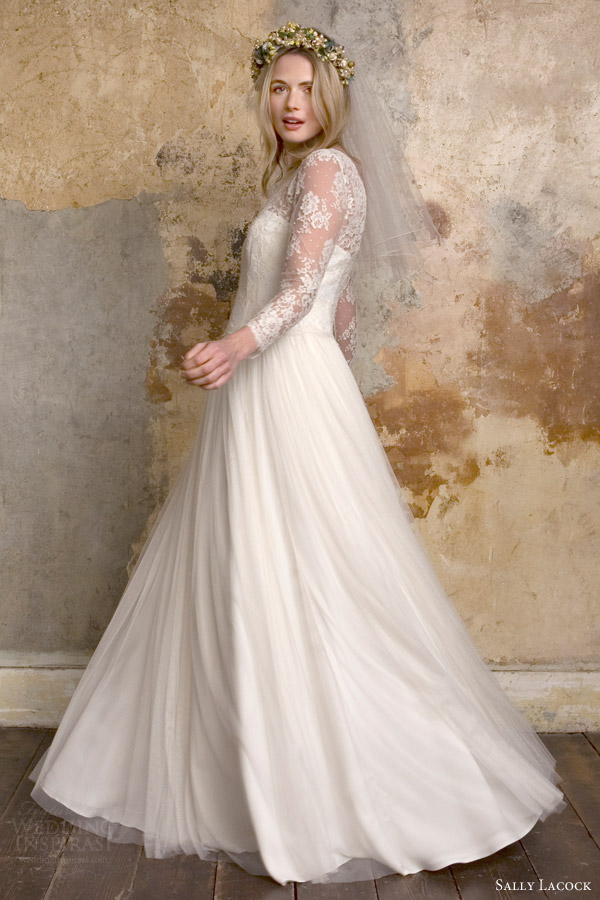 sally lacock bridal 2015 sylvie 1950s vintage style wedding dress illusion neckline long sleeves side view twirl