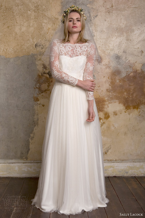 sally lacock bridal 2015 sylvie 1950s vintage style wedding dress illusion neckline long sleeves