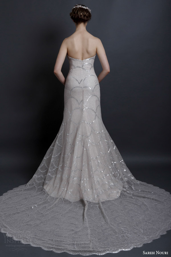 sareh nouri spring 2016 bridal anette strapless a line wedding dress metallic lace veil back view train
