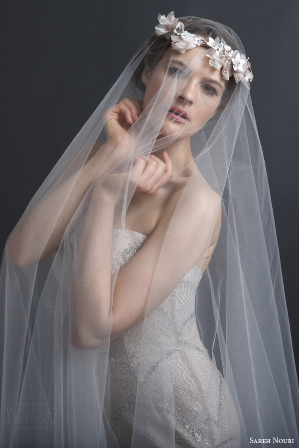 sareh nouri spring 2016 bridal anette strapless a line wedding dress metallic lace veil close up