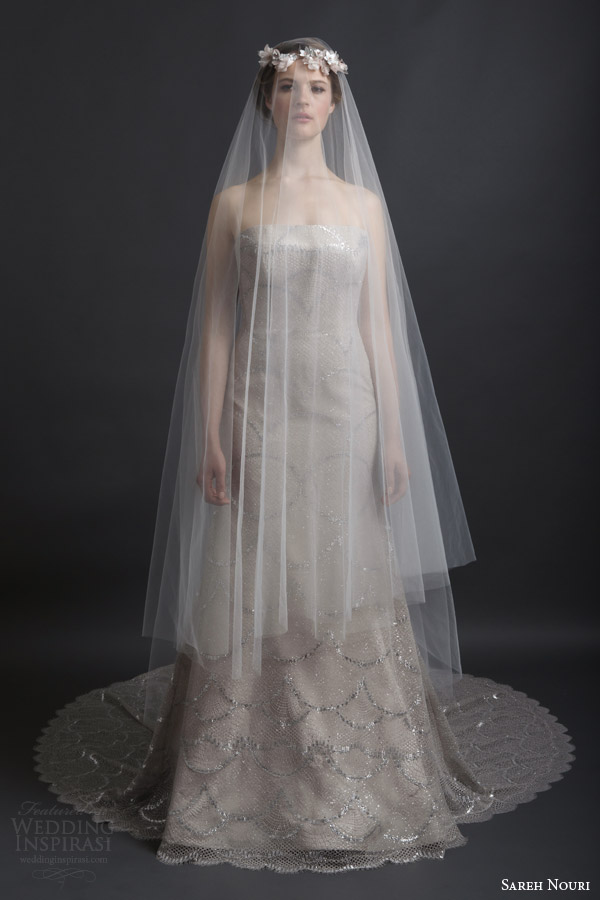 sareh nouri spring 2016 bridal anette strapless a line wedding dress metallic lace veil full view