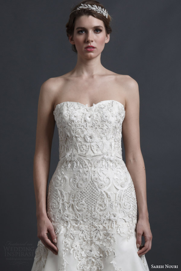 sareh nouri spring 2016 bridal dorothy strapless sweetheart a line wedding dress embroidery bodice close up