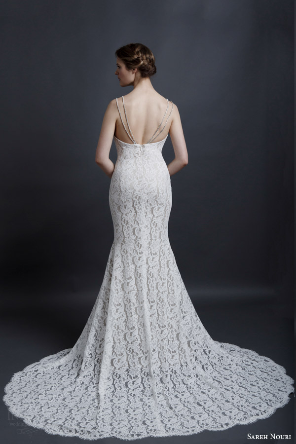 sareh nouri spring 2016 bridal marylin double strap sheath lace wedding dress back view train