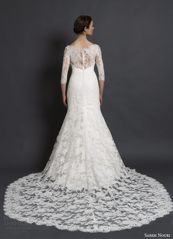 sareh nouri spring 2016 bridal natalie three quarter sleeve lace gown illusion neckline a line silhouette back view train