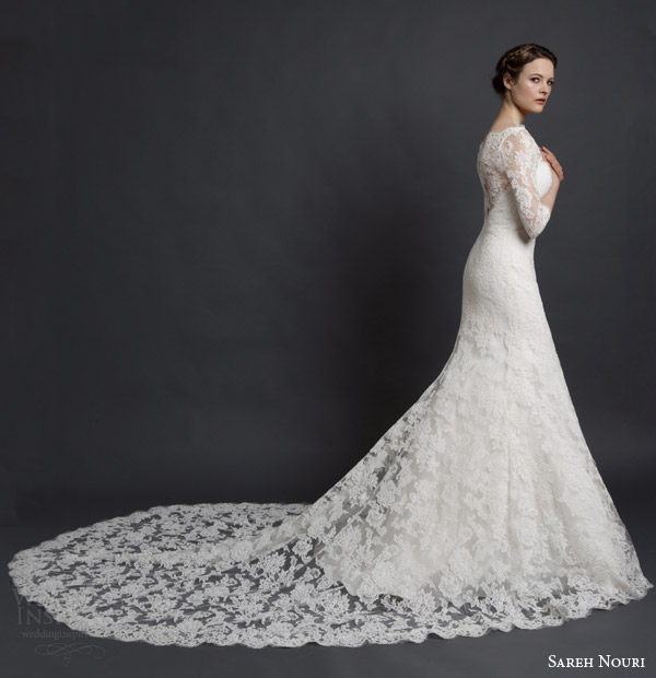 sareh nouri spring 2016 bridal natalie three quarter sleeve lace gown illusion neckline a line silhouette side view train