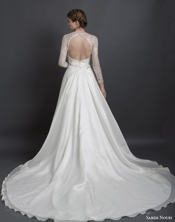 sareh nouri spring 2016 bridal vivien illusion long sleeve a line wedding dress sequin net bodice high neckline back keyhole view train
