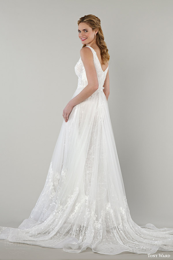 tony ward bridal spring 2016 valentine sleeveless v neckline wedding dress sheer overlay kleinfeld back view train