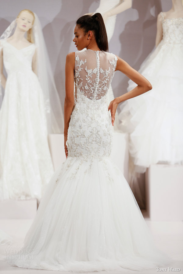 tony ward spring 2016 new york bridal market runway angelica sleeveless wedding dress illusion neckline embellished bodice fit flare mermaid back